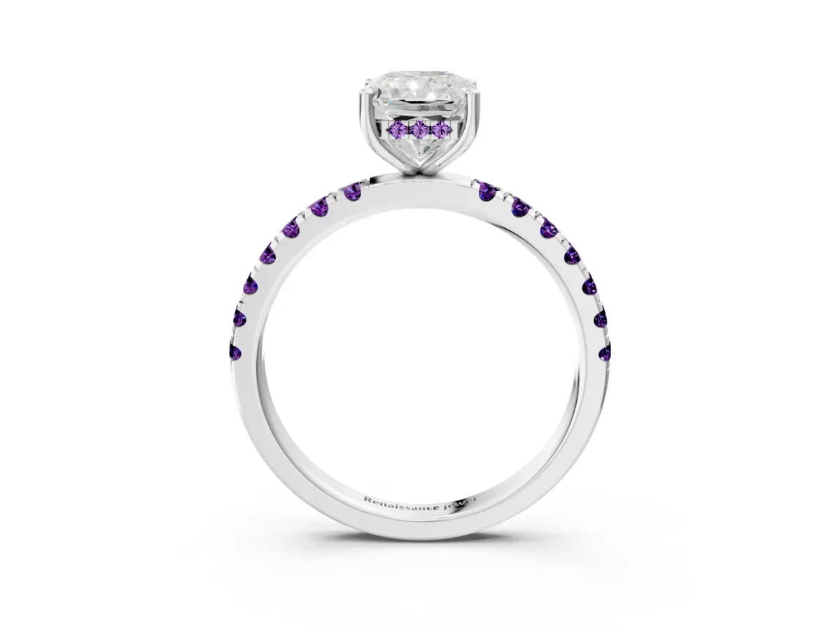 Radiant Cut Diamond Pave Band Solitaire Ring with Round Amethyst and Prong Setting Silver