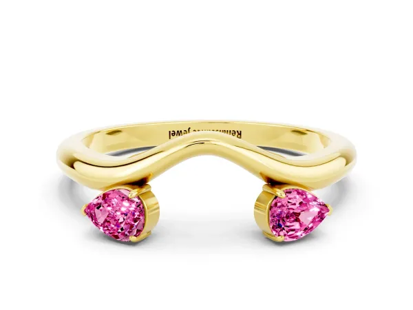 Pear Cut Pink Sapphire Two-Stone Open Band Ring with Prong Setting Yellow gold