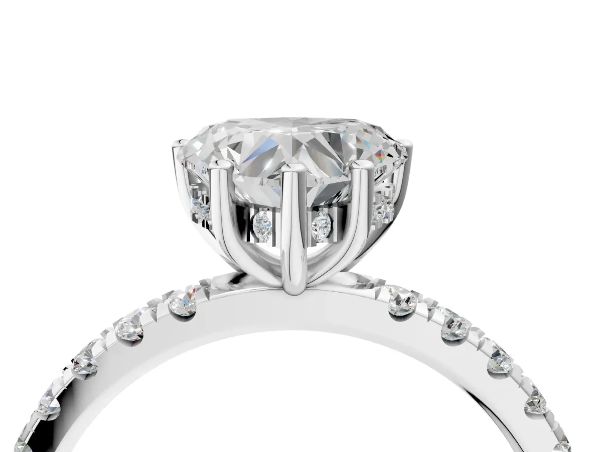 Heart Cut Diamond Pave Band Solitaire Ring with Round and Prong Setting Platinum