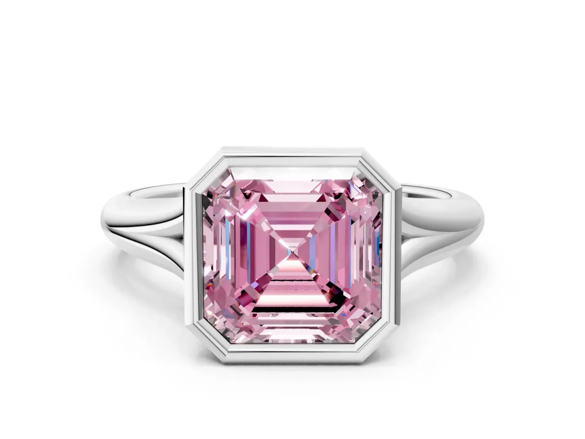 Fancy Pink Bezel Set Asscher Cut Solitaire Diamond Ring with Smooth Band Platinum
