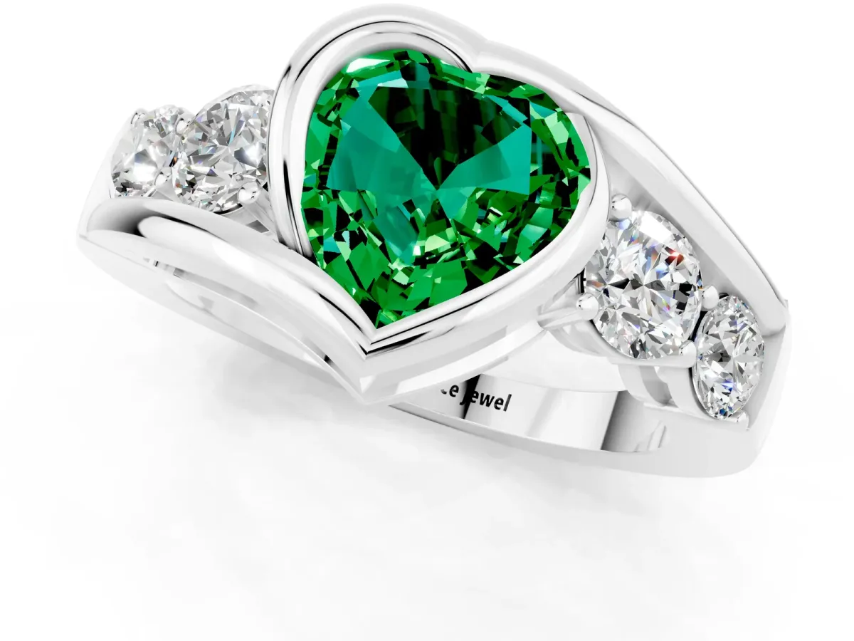 Bezel Set Heart Cut Emerald Bypass Ring with Round Accents Silver