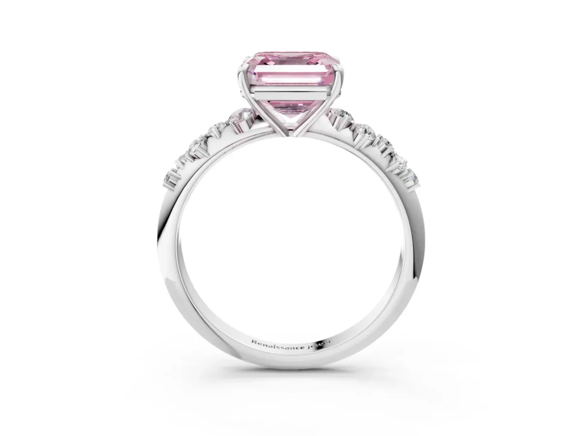 Fancy Pink Asscher Cut Diamond Cluster Side Stone Solitaire Ring with Prong Setting Platinum