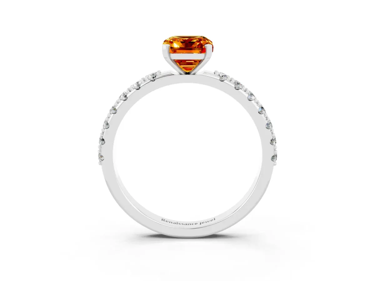 Emerald Cut Citrine Solitaire Pavé Band with Four-Prong Setting Platinum