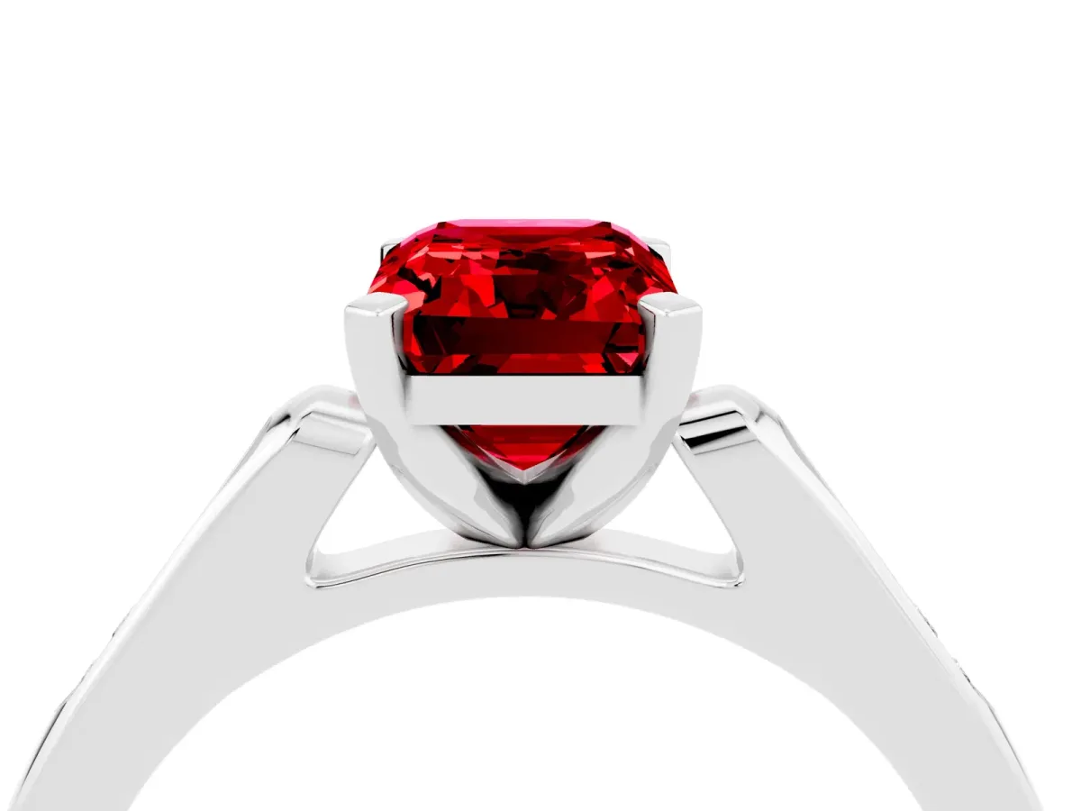 Emerald Cut Ruby Solitaire Ring with Channel Set Round Band and Prong Setting White gold