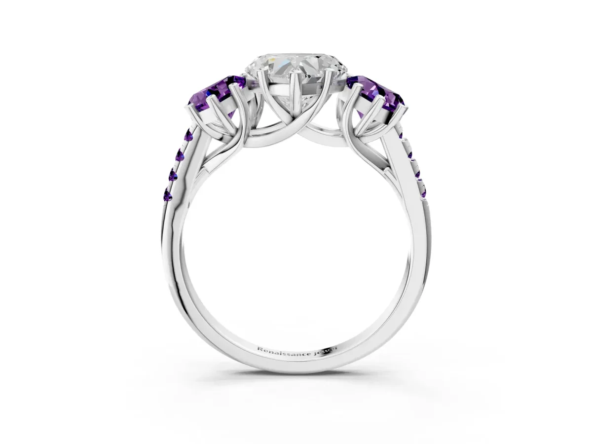 Three-Stone Heart Cut Diamond Ring with Round Amethyst Pavé Band and Prong Setting Silver