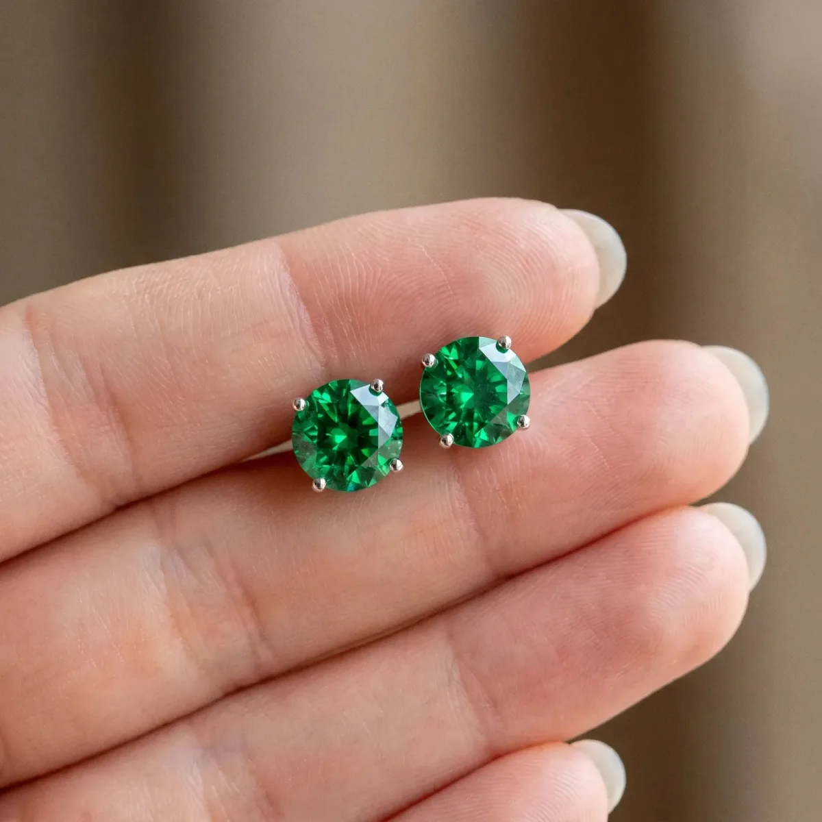 Round Cut Emerald Stud Earrings Silver