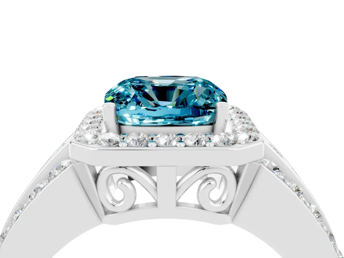 Cushion Cut Halo Blue Topaz Ring with Round Split Shank and Prong Setting Platinum