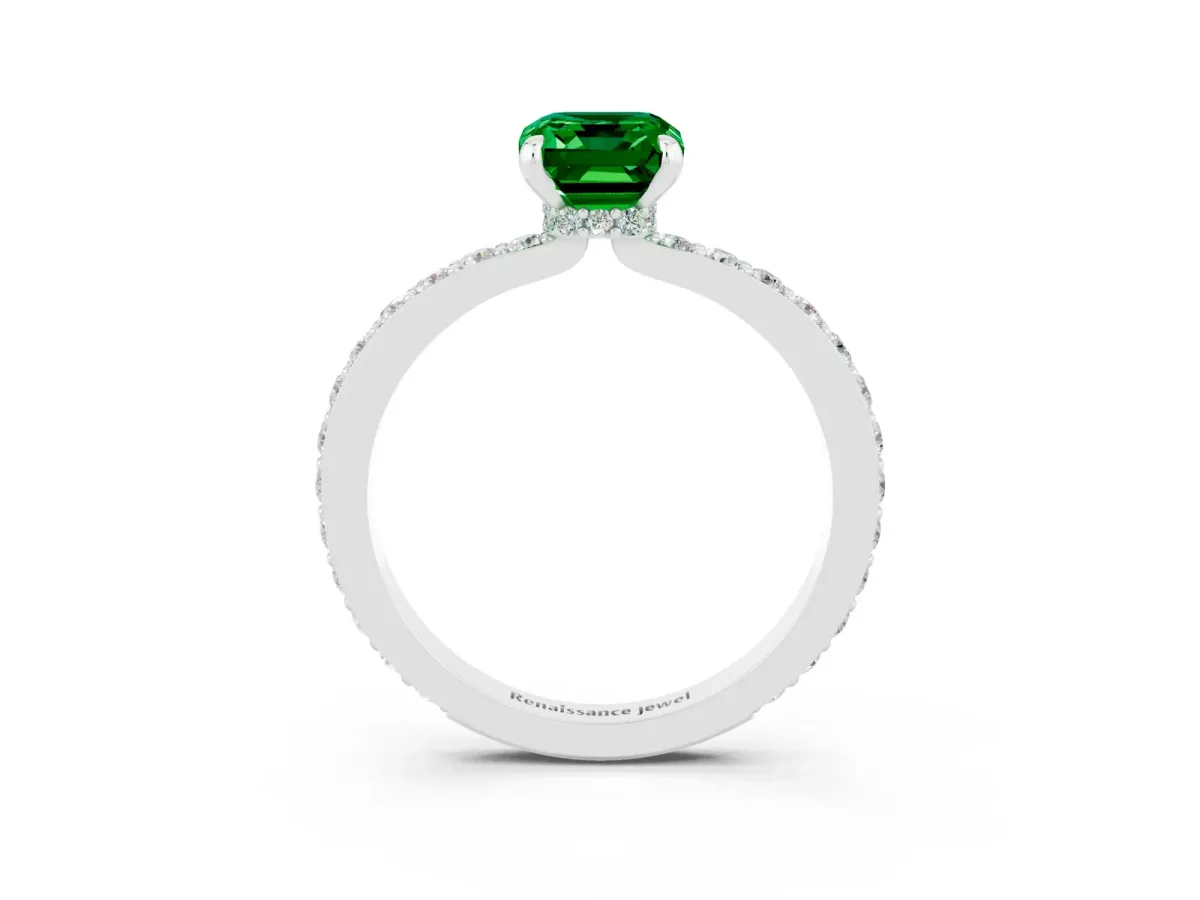 Emerald Cut Emerald Solitaire Engagement Ring with Pavé Band and Four-Prong Setting Platinum