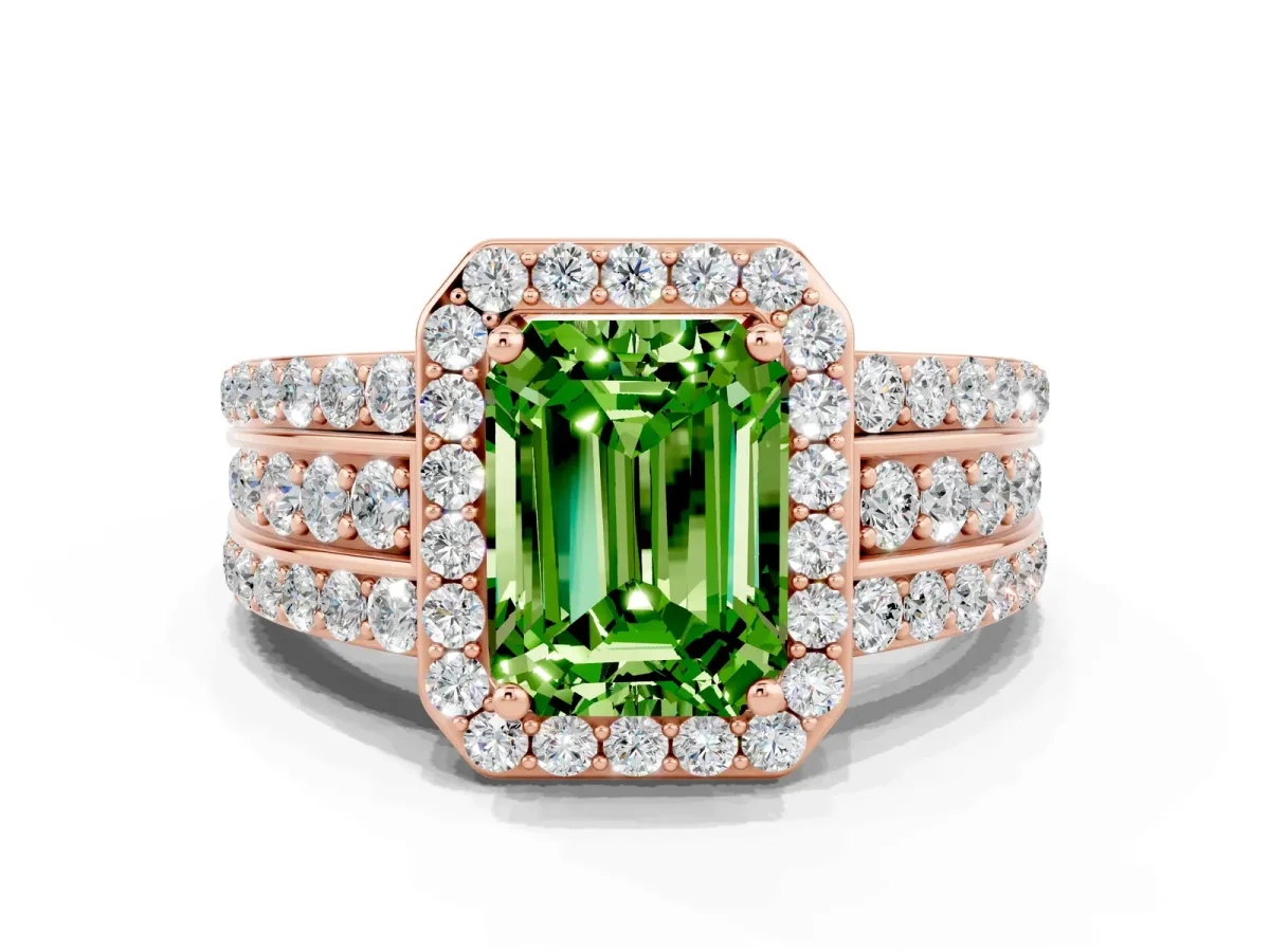 Emerald Cut Halo Peridot Ring with Round Split Shank and Prong Setting Rose gold