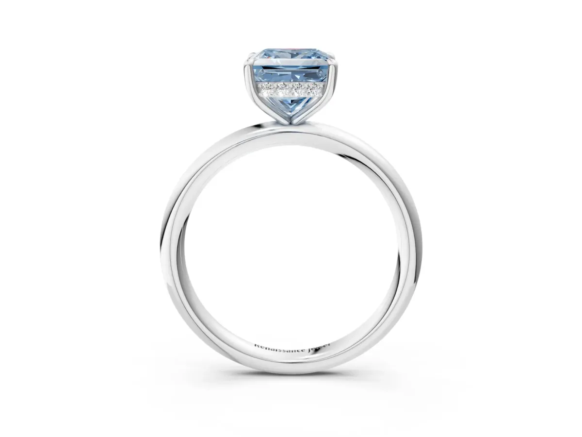 Fancy Blue Princess Cut Diamond Solitaire Ring with Thin Band and Four-Prong Setting White gold