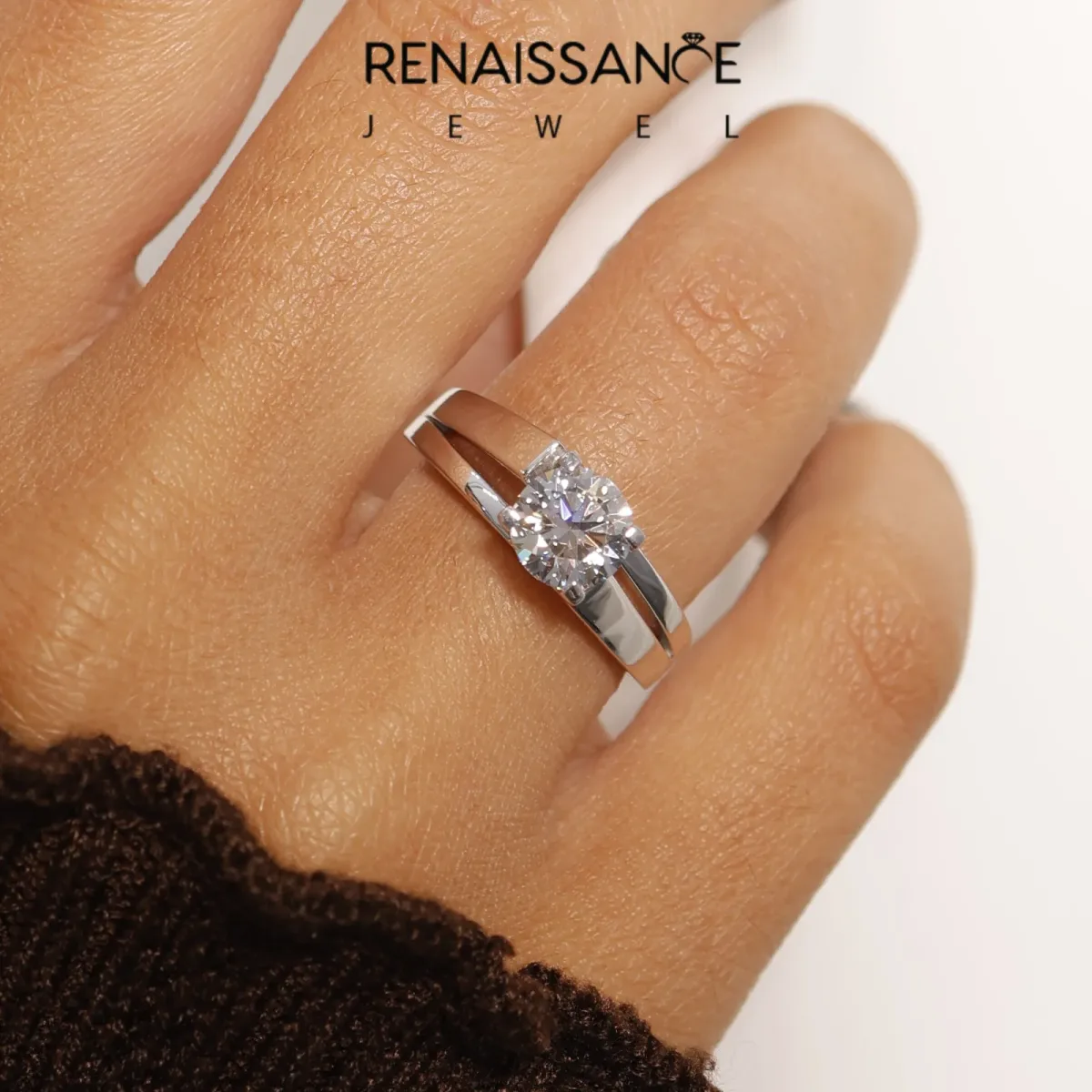 Modern Tension Set Round Cut Diamond Solitaire Wide Band Ring Silver
