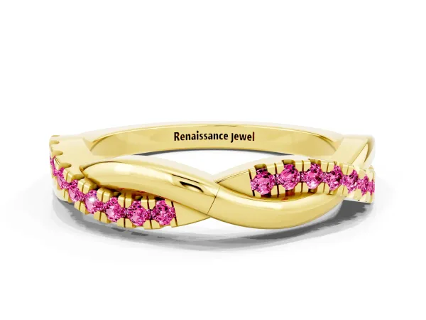 Round Pink Sapphire Twisted Infinity Band with Prong Setting Yellow gold