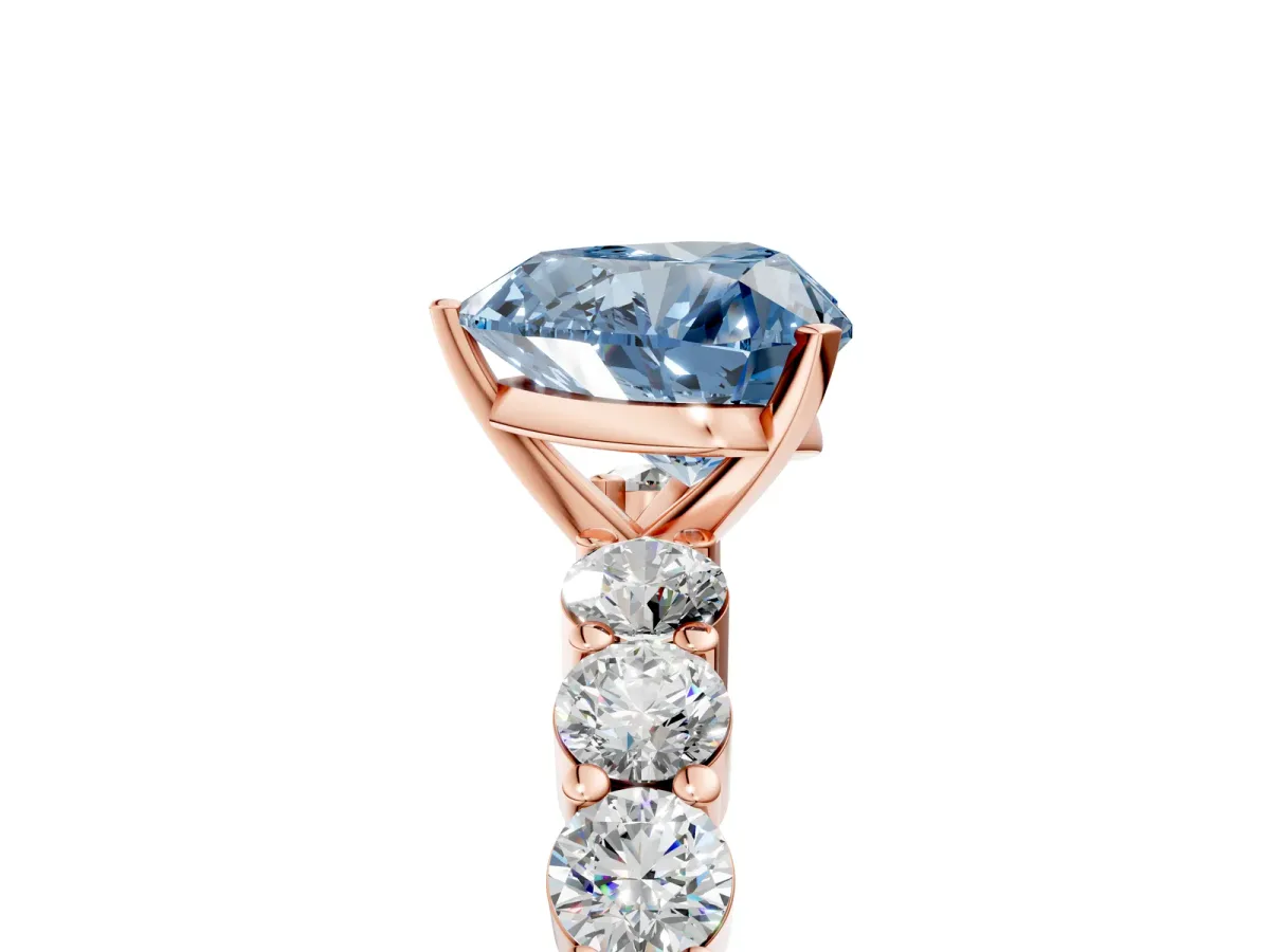 Fancy Blue Heart Cut Diamond Solitaire Ring with Shared Prong Round Side Stones Rose gold