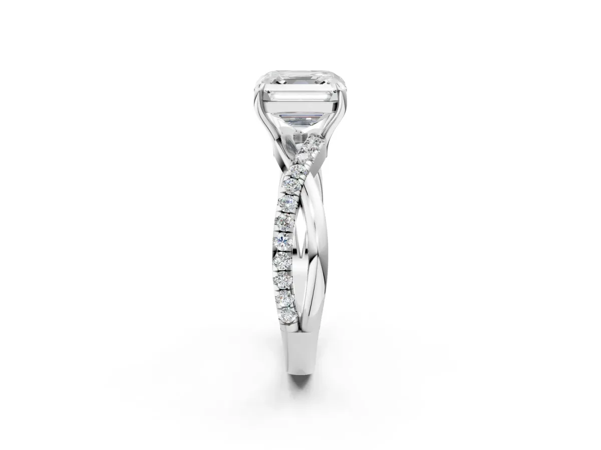 Asscher Cut Cut Diamond Twisted Band with Pavé Setting and Four-Prong Setting Platinum