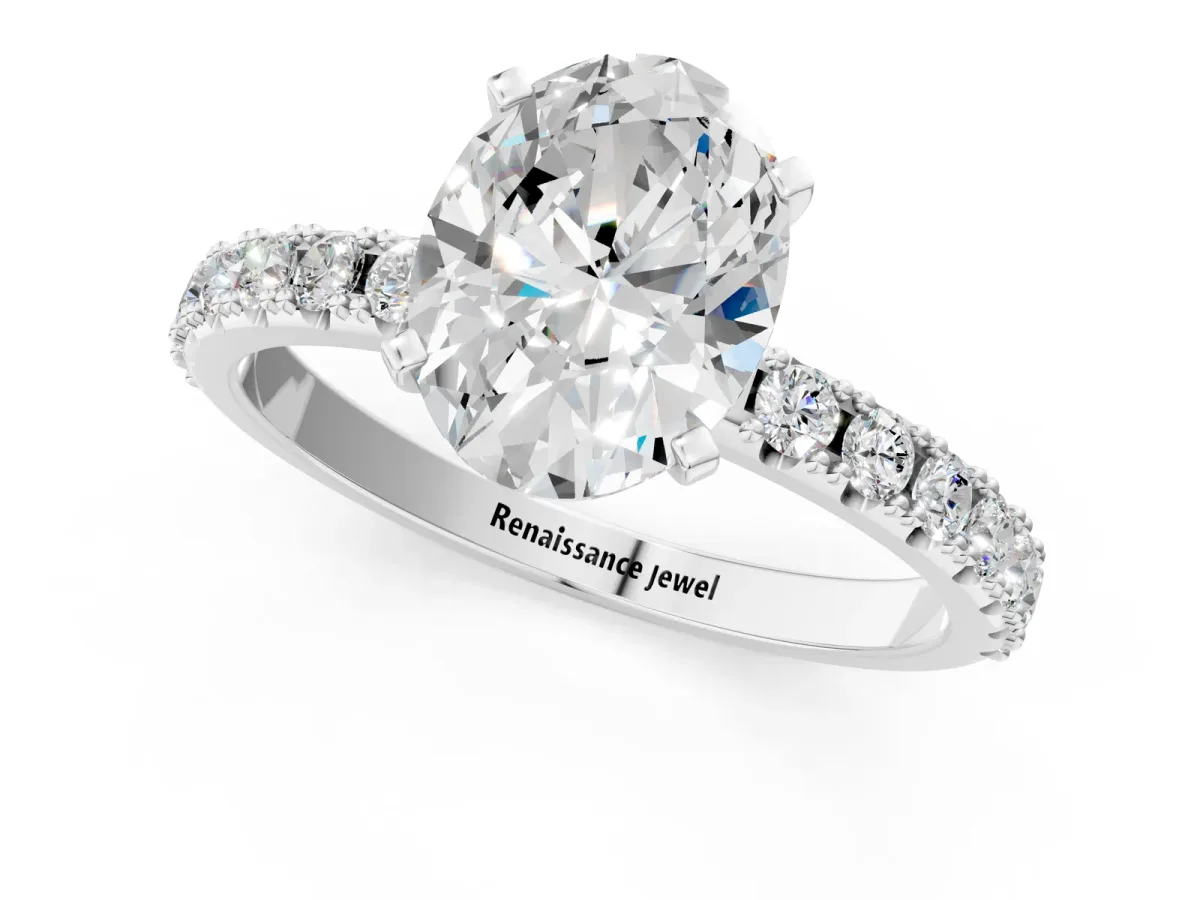 Oval Cut Diamond Solitaire Pavé Band with Four-Prong Setting White gold