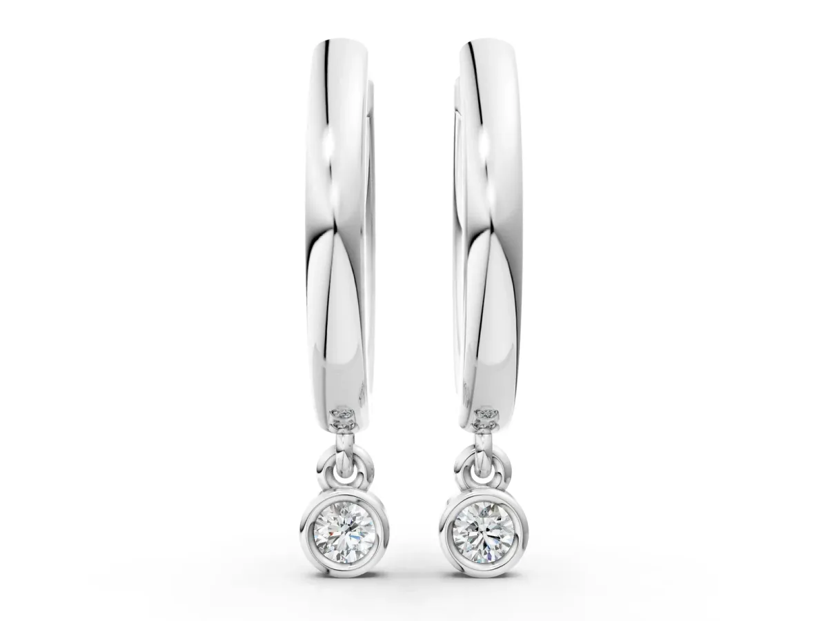 Round Diamond Bezel Drop Huggie Hoop Earrings Silver