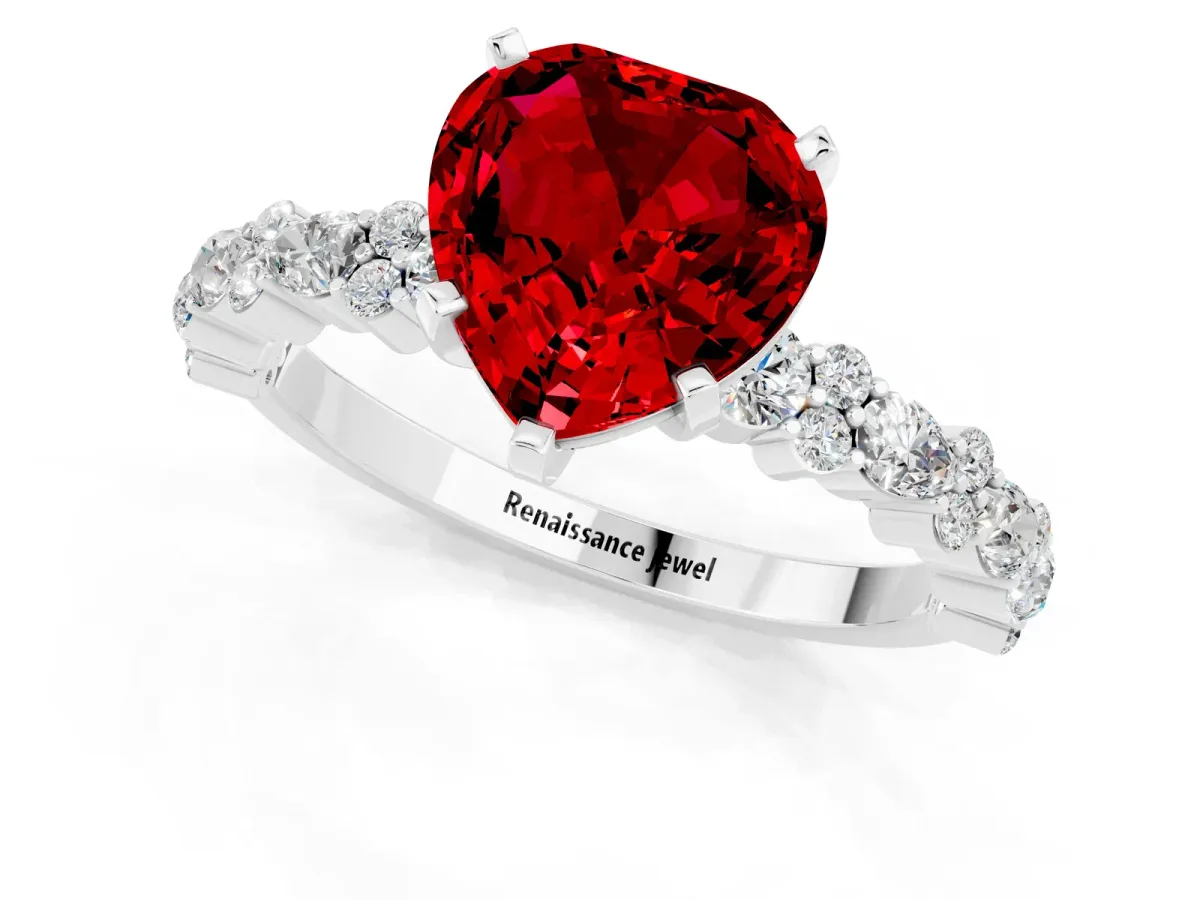 Heart Cut Ruby Side Stone Solitaire Ring with Round and Four-Prong Setting Silver