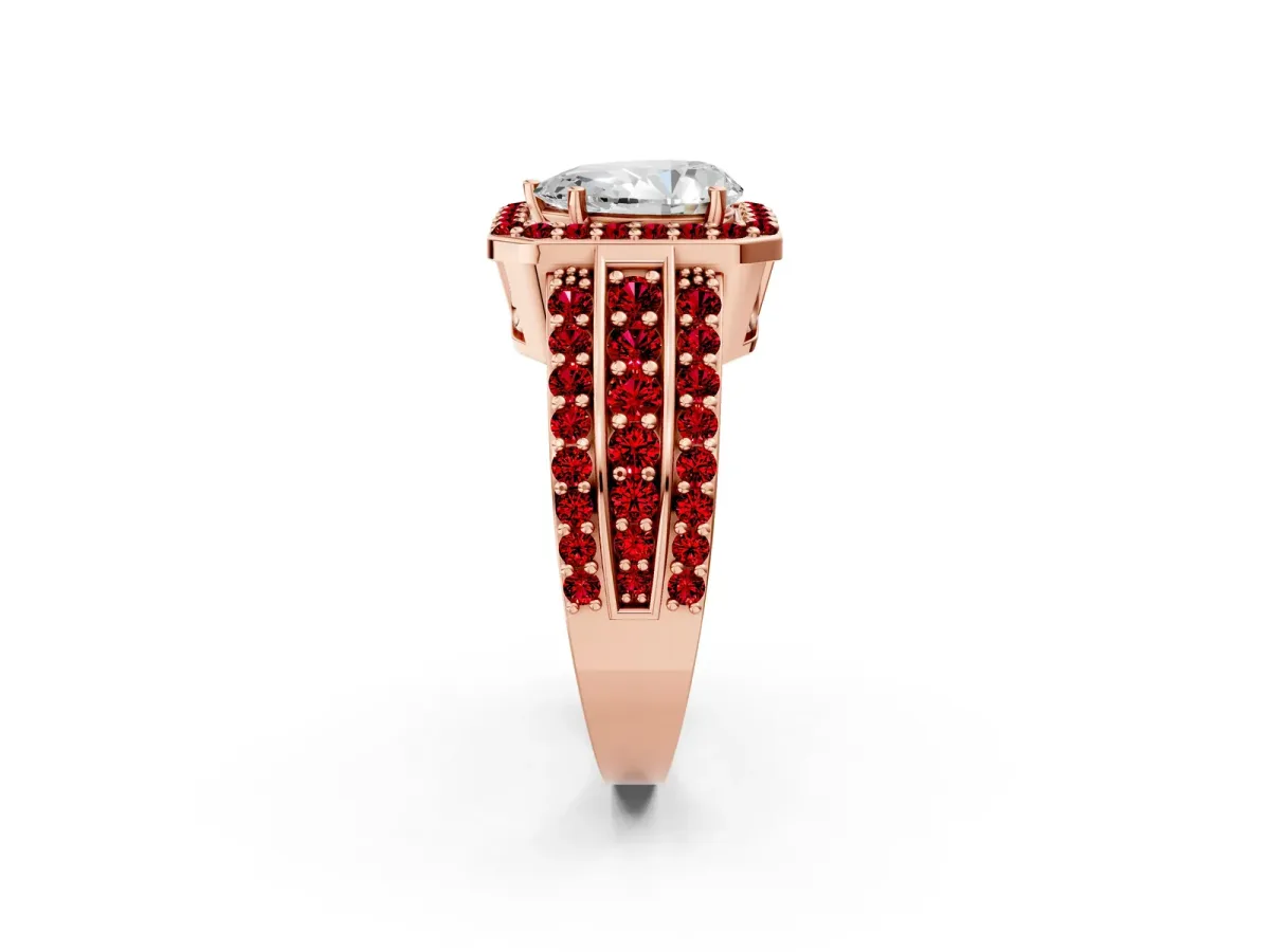 Pear Cut Halo Diamond Ring with Round Ruby Split Shank and Prong Setting Rose gold
