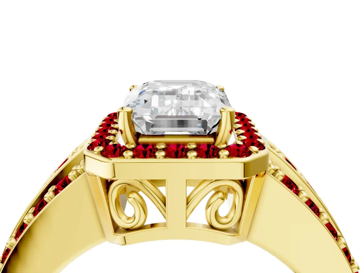 Emerald Cut Halo Diamond Ring with Round Ruby Split Shank and Prong Setting Yellow gold