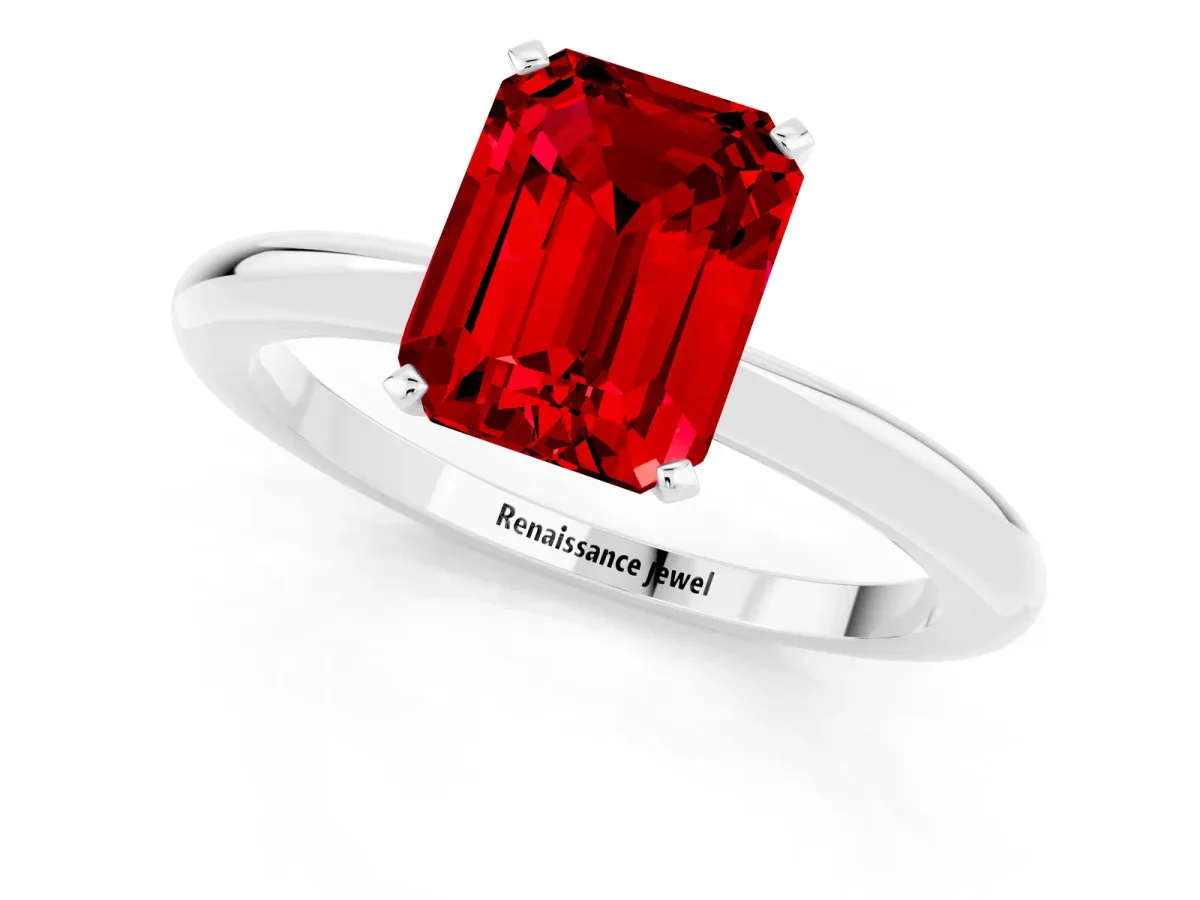 Emerald Cut Ruby Solitaire Ring with Six-Prong Setting and Classic Band Silver