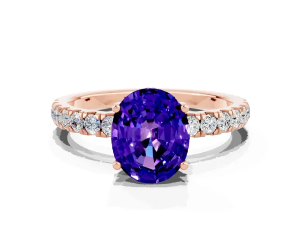 Oval Cut Tanzanite Pave Band Solitaire Ring with Round and Prong Setting Rose gold