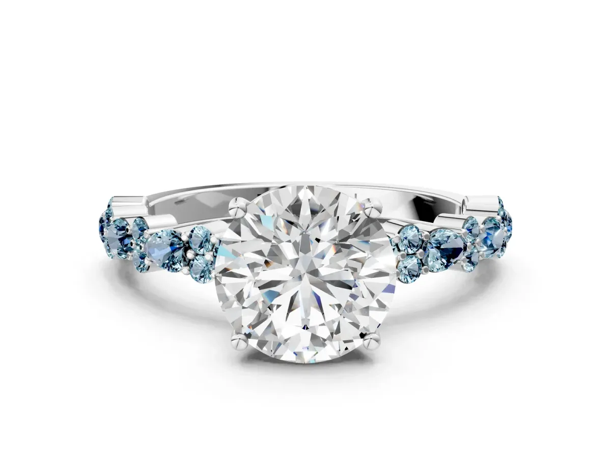 Round Cut Diamond Side Stone Solitaire Ring with Round Aquamarine and Four-Prong Setting Silver
