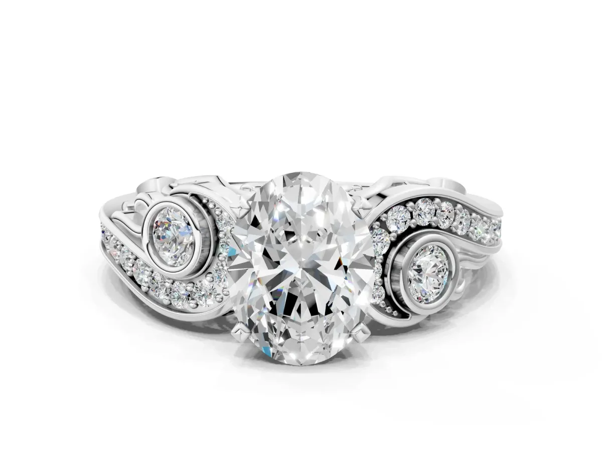 Oval Cut Diamond Solitaire Ring with Milgrain Pavé Band and Four-Prong Setting Silver