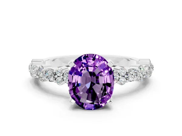 Oval Cut Amethyst Side Stone Solitaire Ring with Round and Four-Prong Setting White gold