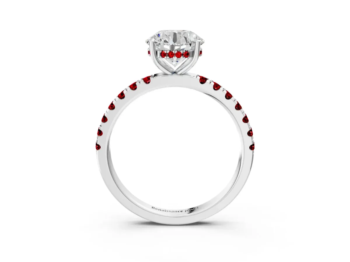 Round Cut Diamond Pave Band Solitaire Ring with Round Ruby and Prong Setting White gold