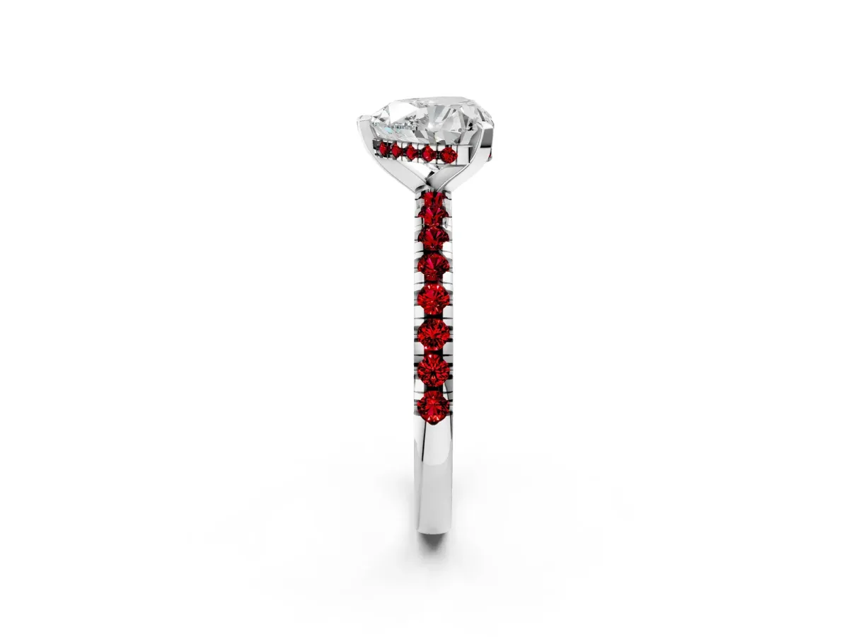 Heart Cut Diamond Solitaire Ring with Round Ruby Pavé Band and Four-Prong Setting Platinum