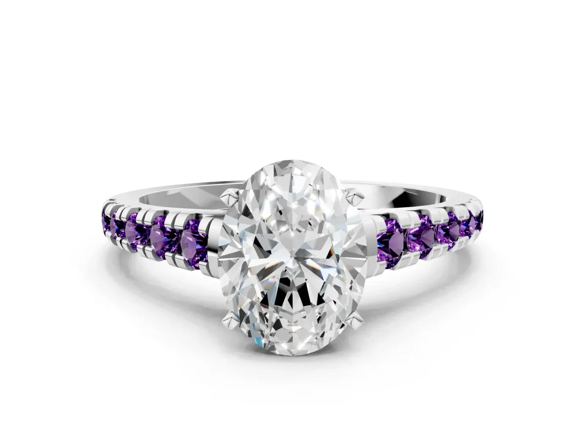 Oval Cut Diamond Cathedral Solitaire Ring with Round Amethyst Pavé Band Platinum