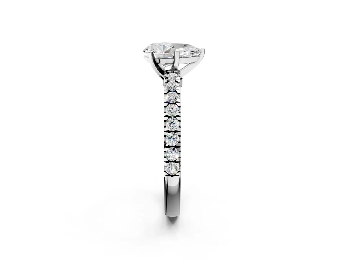 Pear Cut Solitaire Diamond with Pavé Band and Four-Prong Setting Silver
