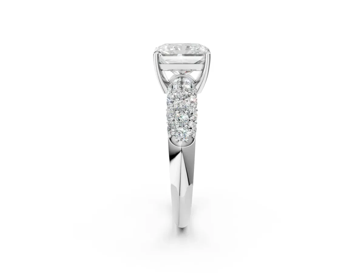 Radiant Cut Diamond Pavé Band Solitaire Ring with Four-Prong Setting Platinum