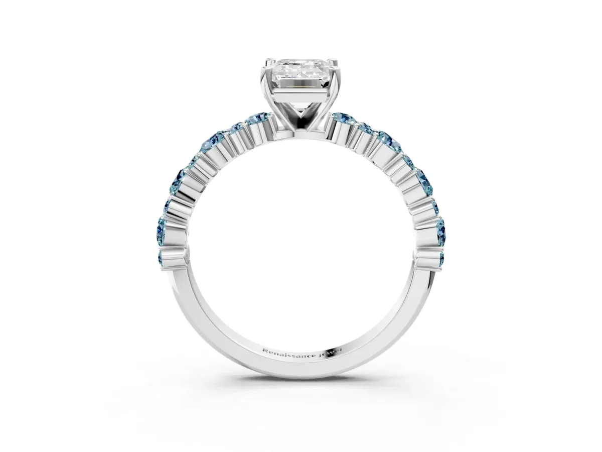 Emerald Cut Diamond Side Stone Solitaire Ring with Round Aquamarine and Four-Prong Setting Silver