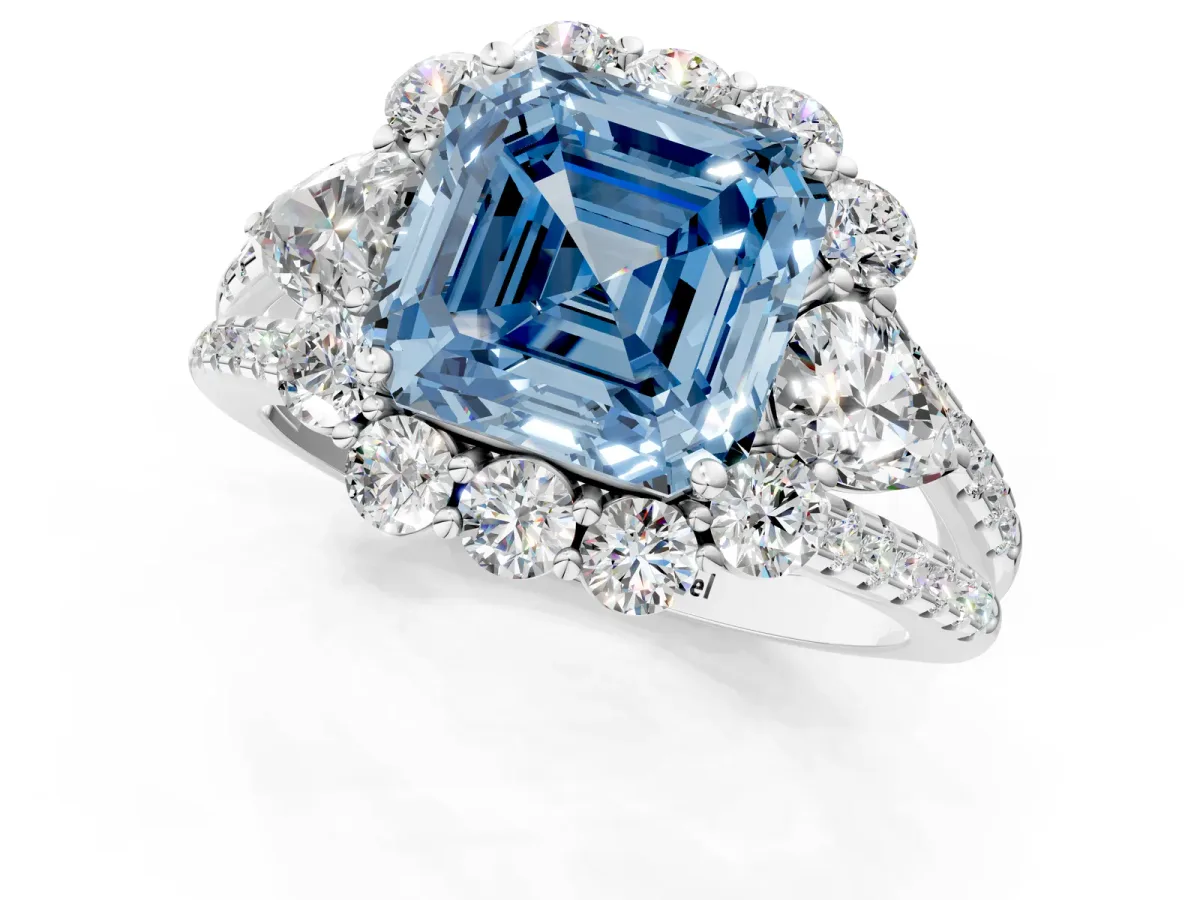 Fancy Blue Asscher Cut Halo Split Shank Diamond Engagement Ring with Prong Setting Platinum