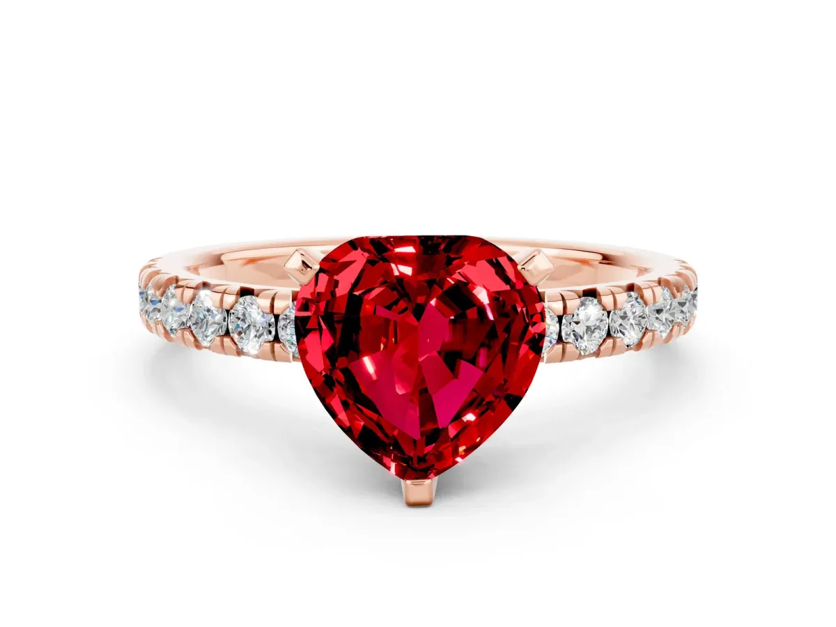 Heart Cut Ruby Solitaire Pavé Engagement Ring with Round Band and Prong Setting Rose gold