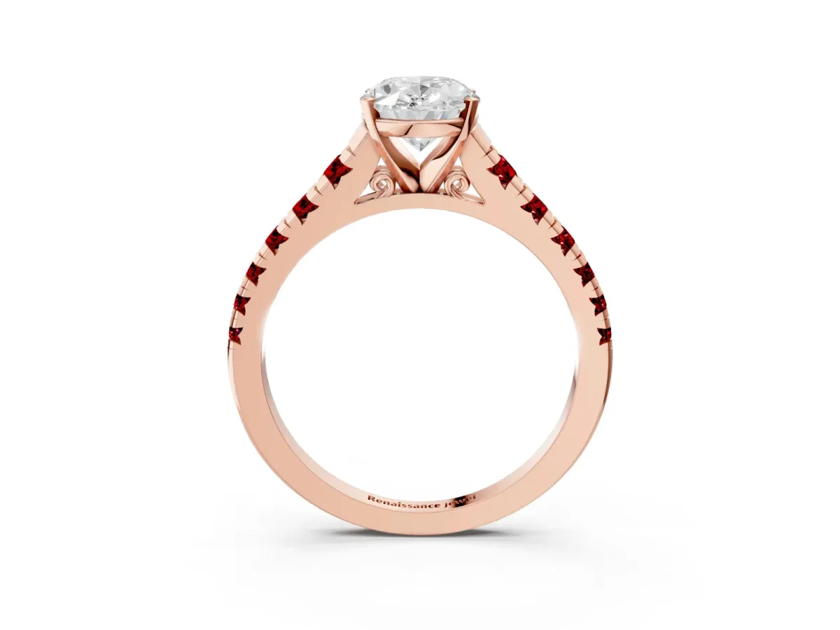 Oval Cut Diamond Cathedral Solitaire Ring with Round Ruby Pavé Band Rose gold