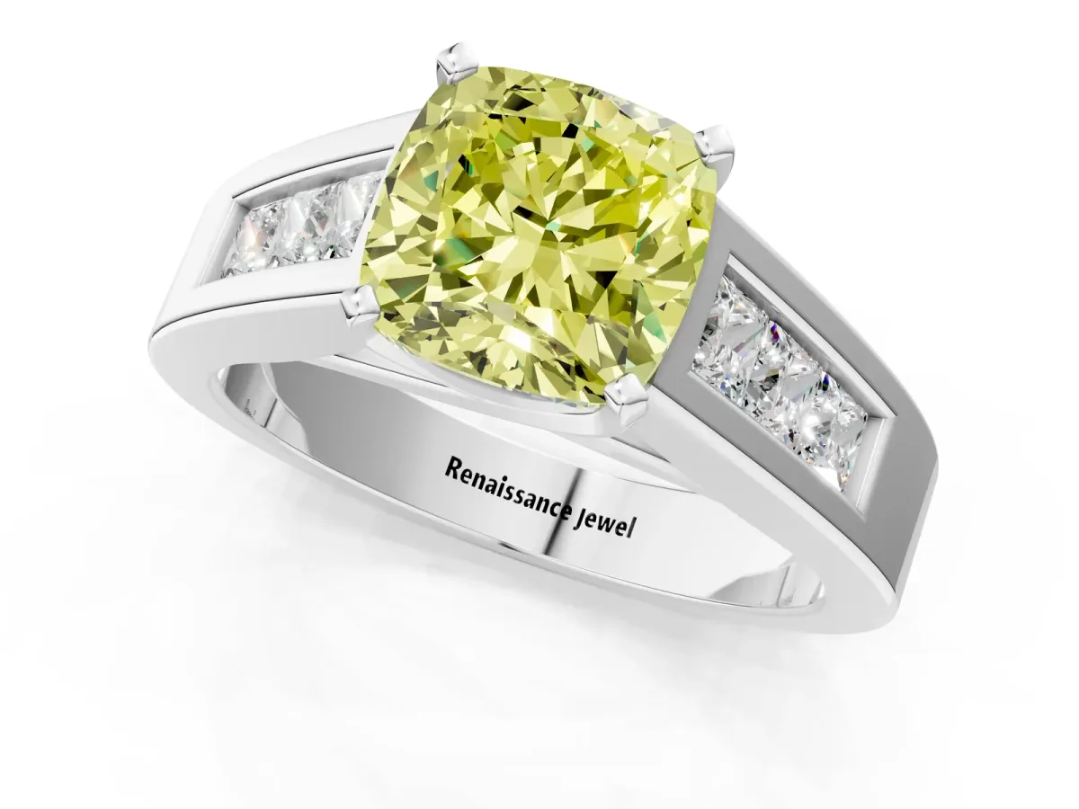 Fancy Yellow Cushion Cut Cut Channel Set Solitaire Ring with Four-Prong Setting White gold