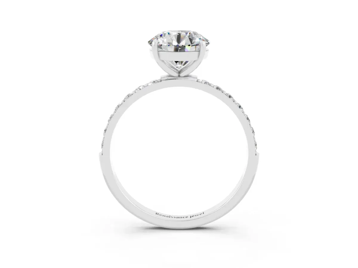 Round Cut Moissanite Solitaire Ring with Round Pavé Band and Prong Setting Silver