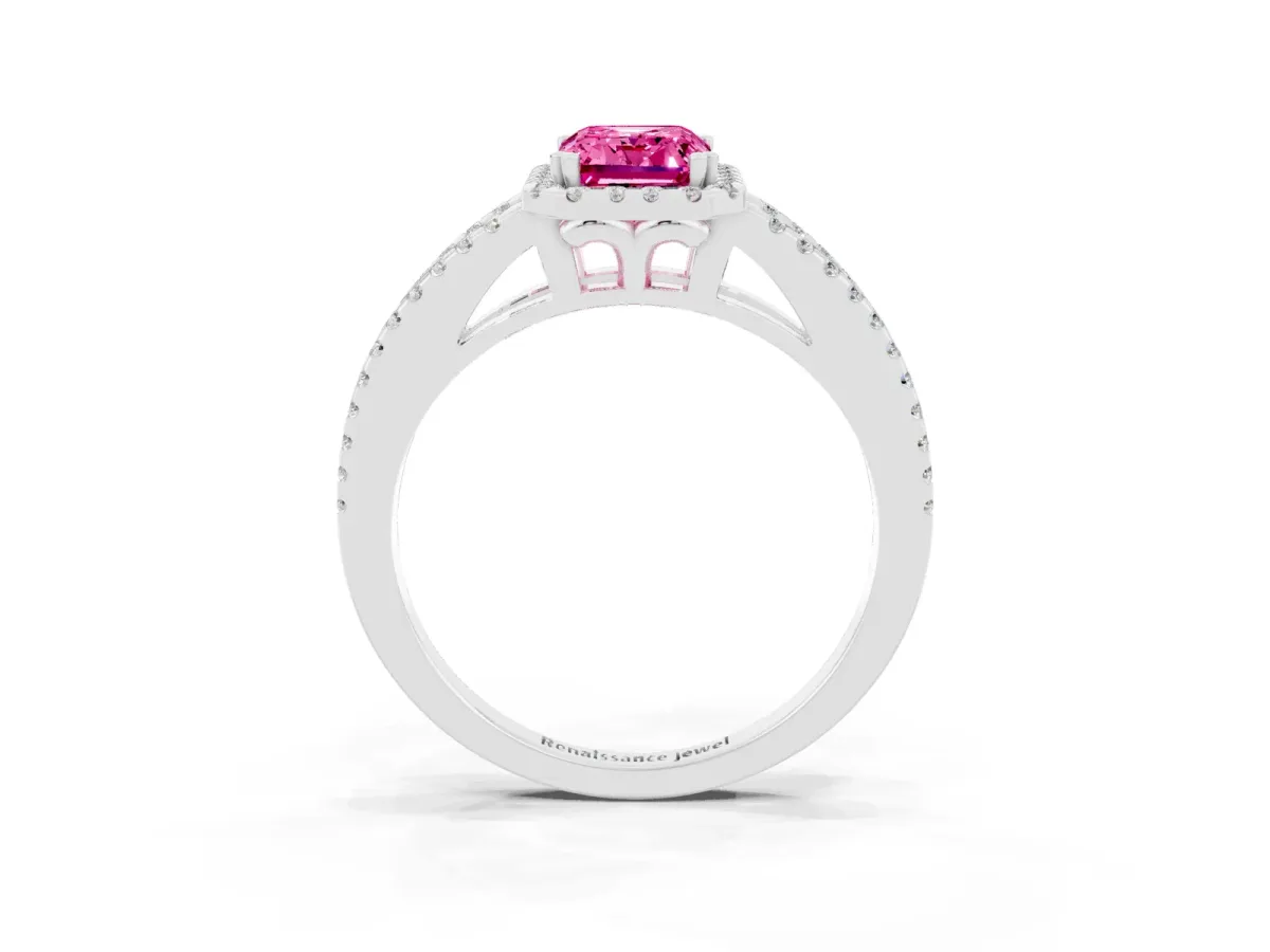 Emerald Cut Pink Sapphire Halo Split Shank Engagement Ring Platinum