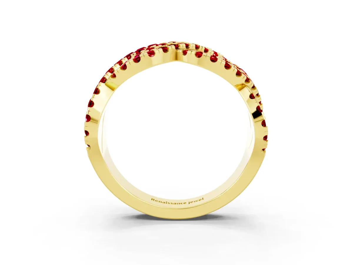 Pavé Round Ruby Infinity Twist Band with Shared Prong Setting Yellow gold
