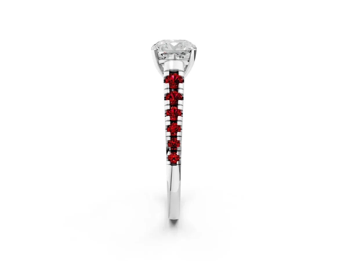 Cushion Cut Diamond Cathedral Solitaire Ring with Round Ruby Pavé Band White gold