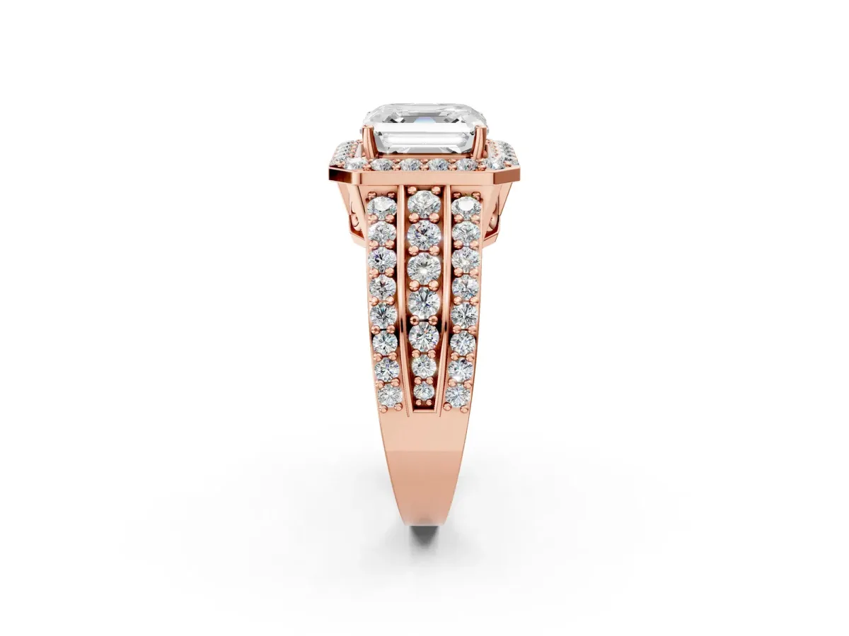 Asscher Cut Halo Diamond Ring with Round Split Shank and Prong Setting Rose gold