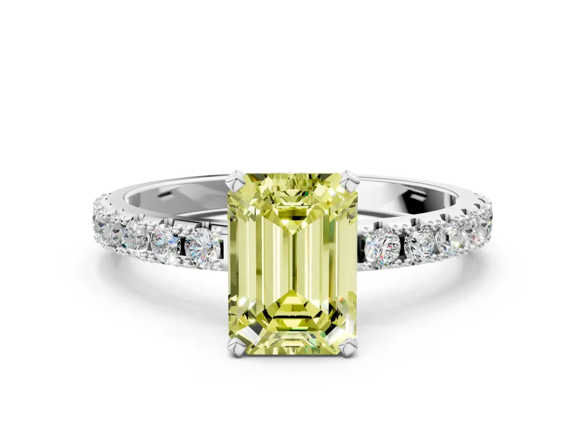 Fancy Yellow Emerald Cut Diamond Solitaire Pavé Band with Four-Prong Setting Silver