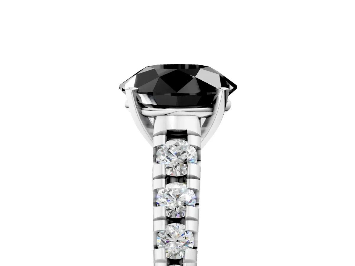 Fancy Black Round Cut Diamond Cathedral Solitaire Ring with Round Pavé Band Silver
