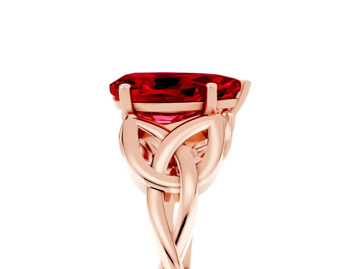 Pear Cut Ruby Solitaire Celtic Knot Ring with Four-Prong Setting Rose gold
