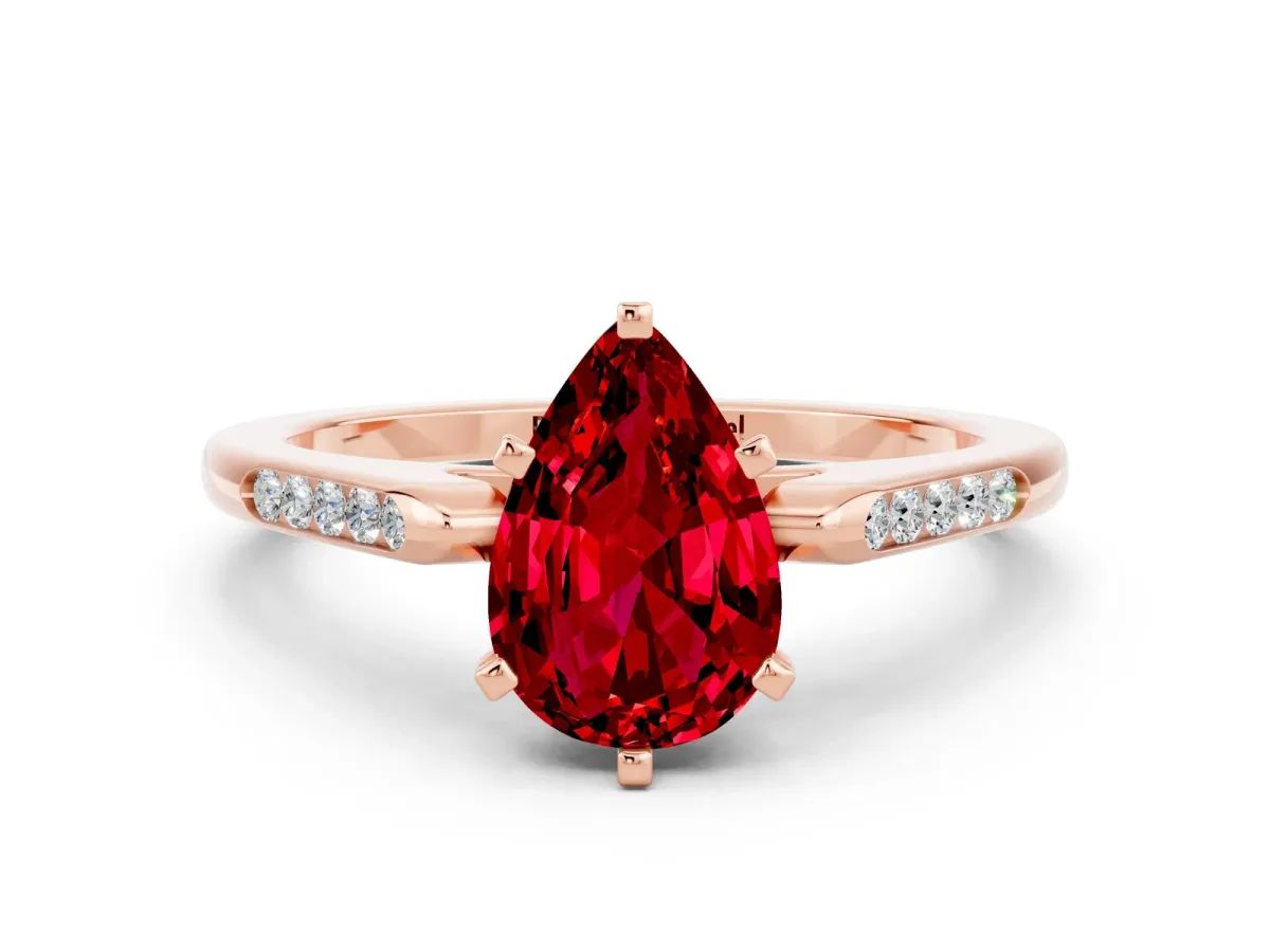 Pear Cut Ruby Solitaire Ring with Channel Set Round Band and Prong Setting Rose gold