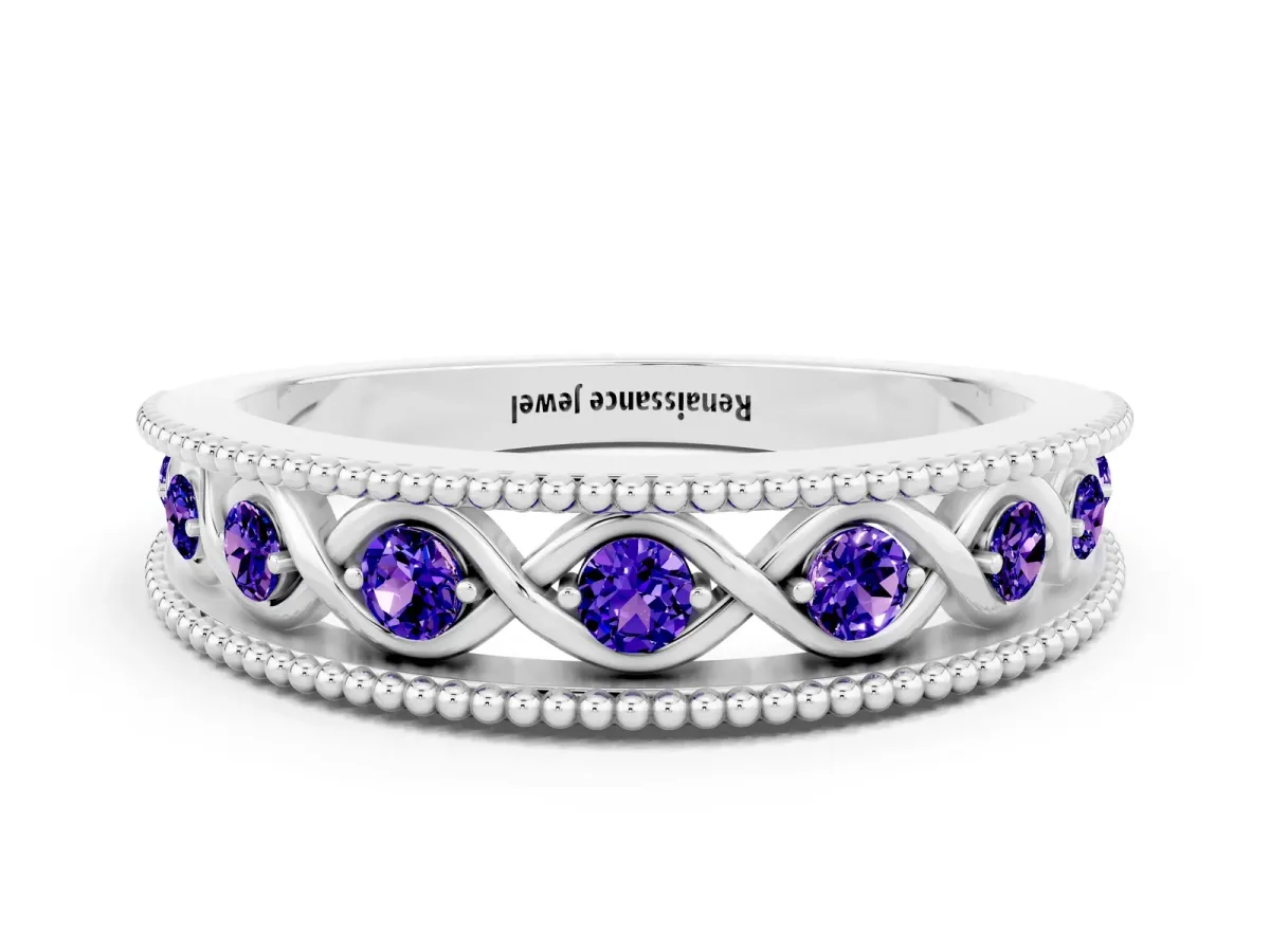Round Tanzanite Twist Milgrain Band with Bezel Setting White gold