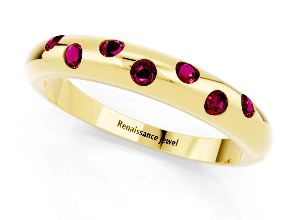 Round Garnet Flush-Set Comfort Fit Band Yellow gold