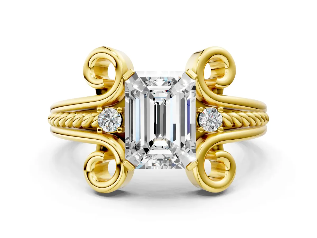 Emerald Cut Solitaire Twisted Band Scroll Prong Ring Yellow gold